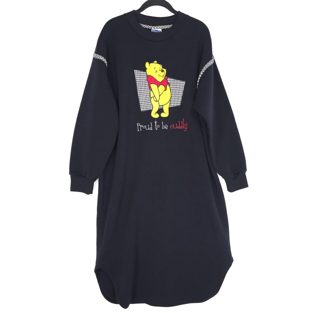 POOH Pajama Dress One Size Winnie Pooh Navy Long Sleeve Sweatshirt Elbow Patch